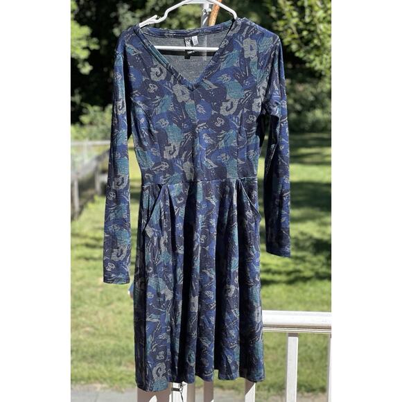 Ibex Wool V-Neck Dress Blue & Green Floral, Autumn, Size Small - Picture 1 of 13